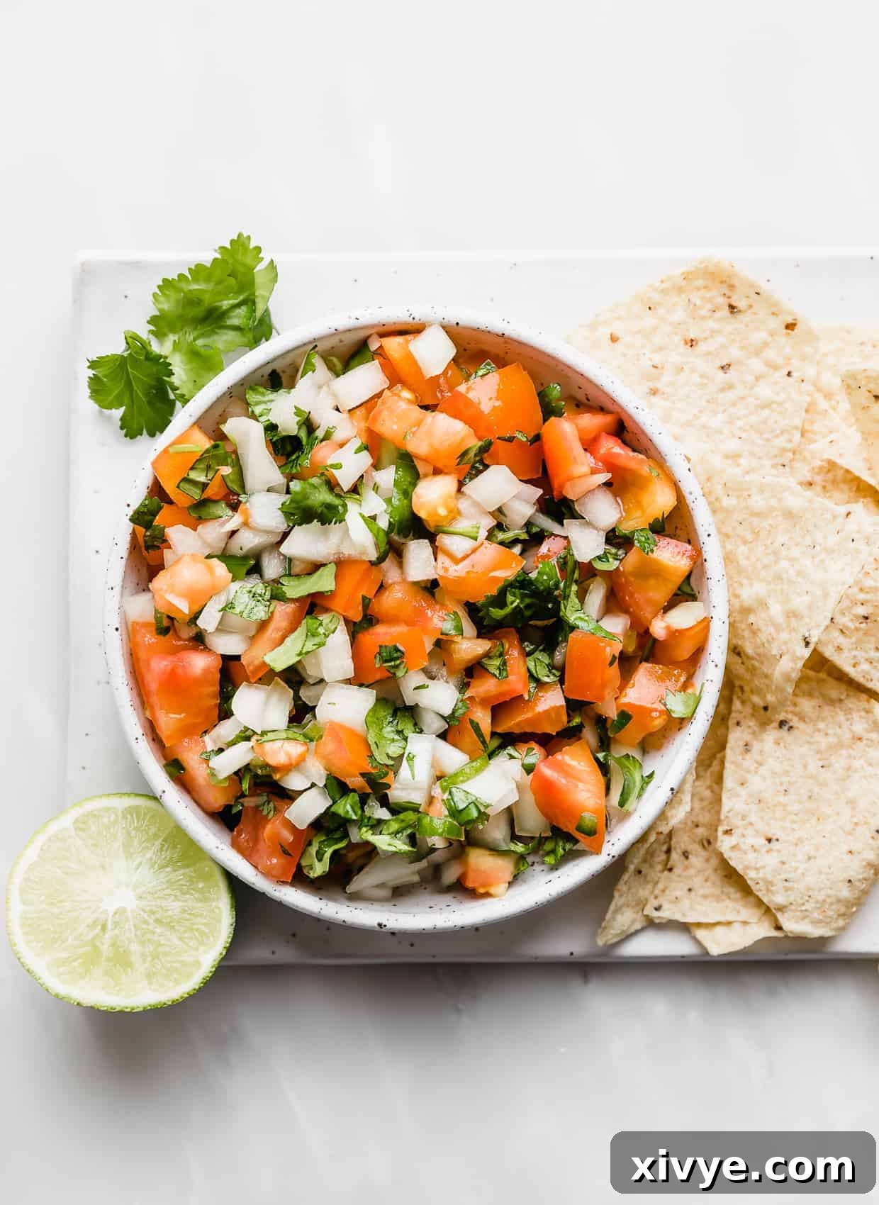 A bowl of Pico de Gallo surrounded by tortilla chips.