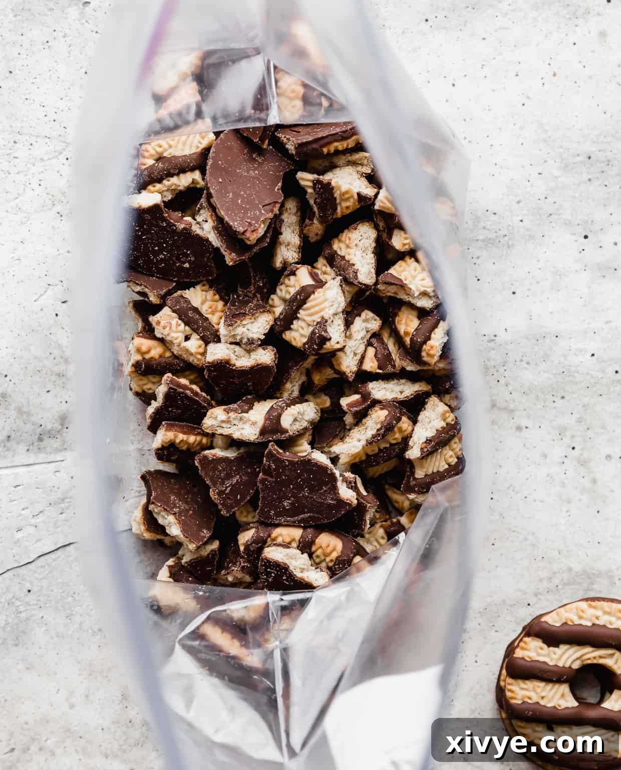 crumbled fudge stripe cookies in a large plastic bag.