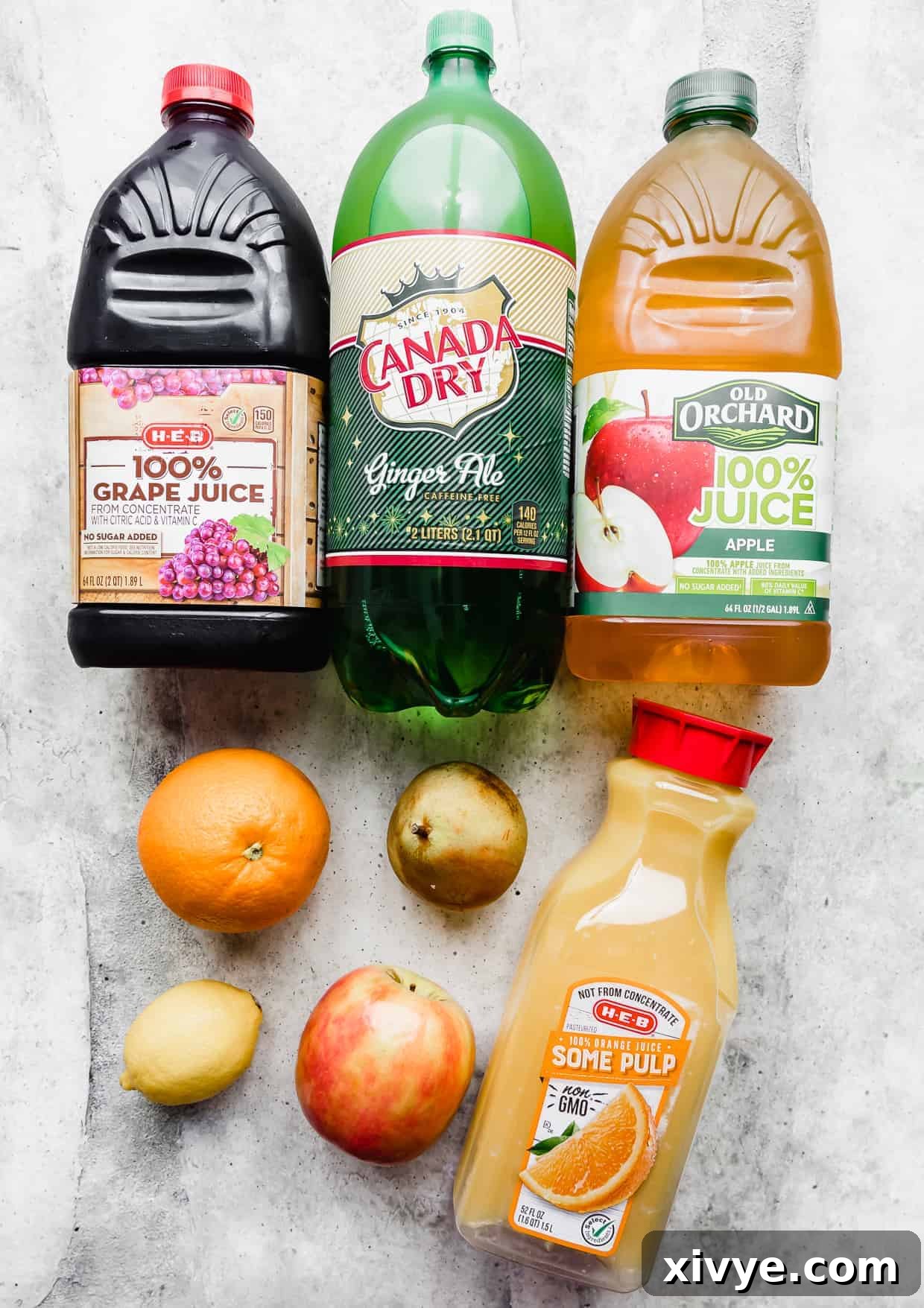 Virgin Sangria 3 Bottles of ginger-ale, grape juice, orange juice, apple juice laying on a gray background.