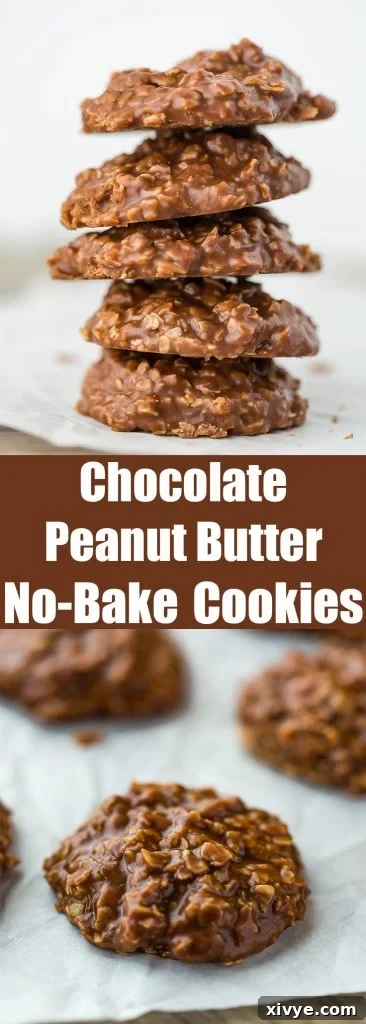 The BEST EVER chocolate peanut butter oatmeal no-bake cookies, perfectly soft and chewy.