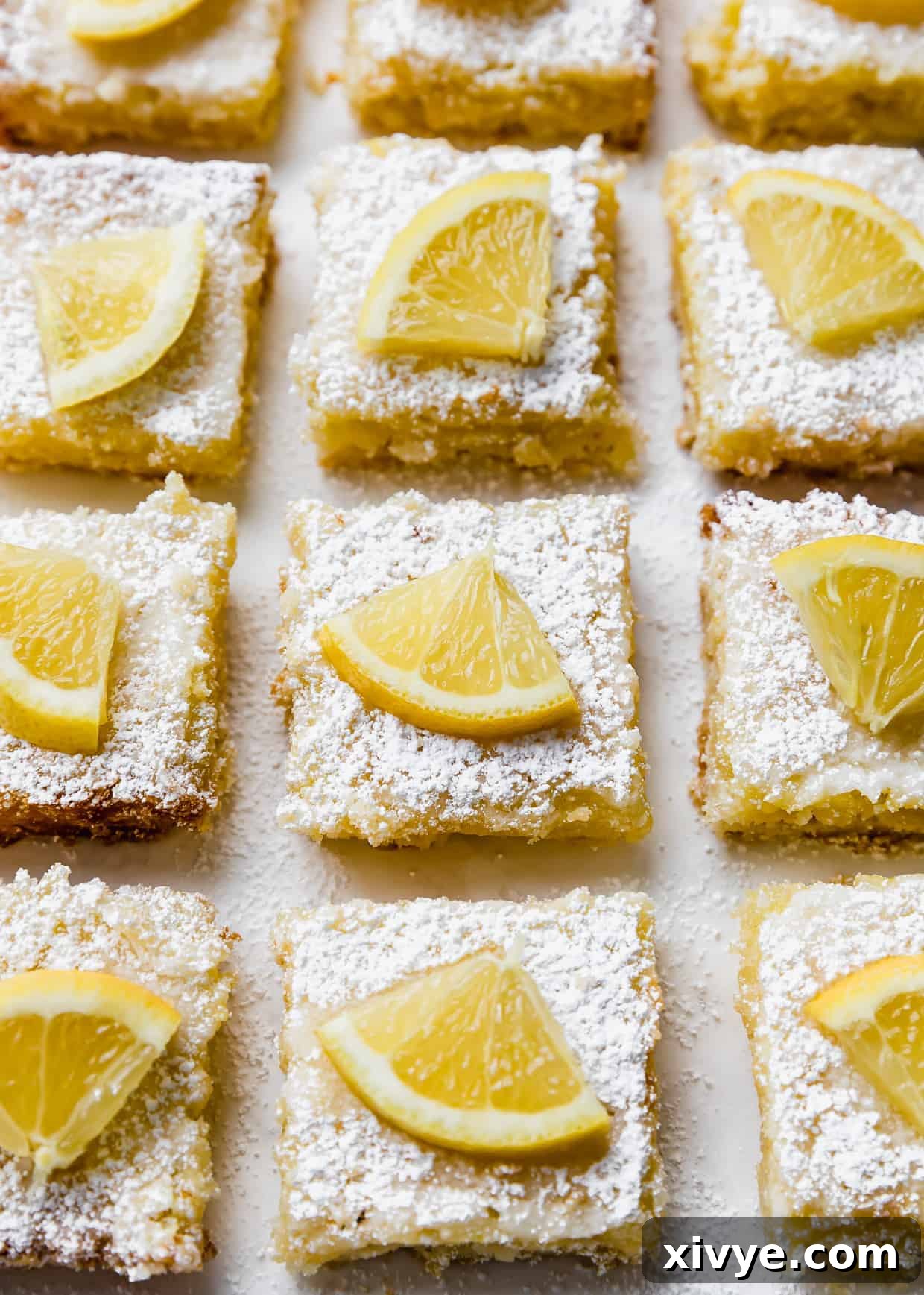 Lemon bars topped with powdered sugar and a wedge of fresh lemon, creating a tantalizing visual treat.