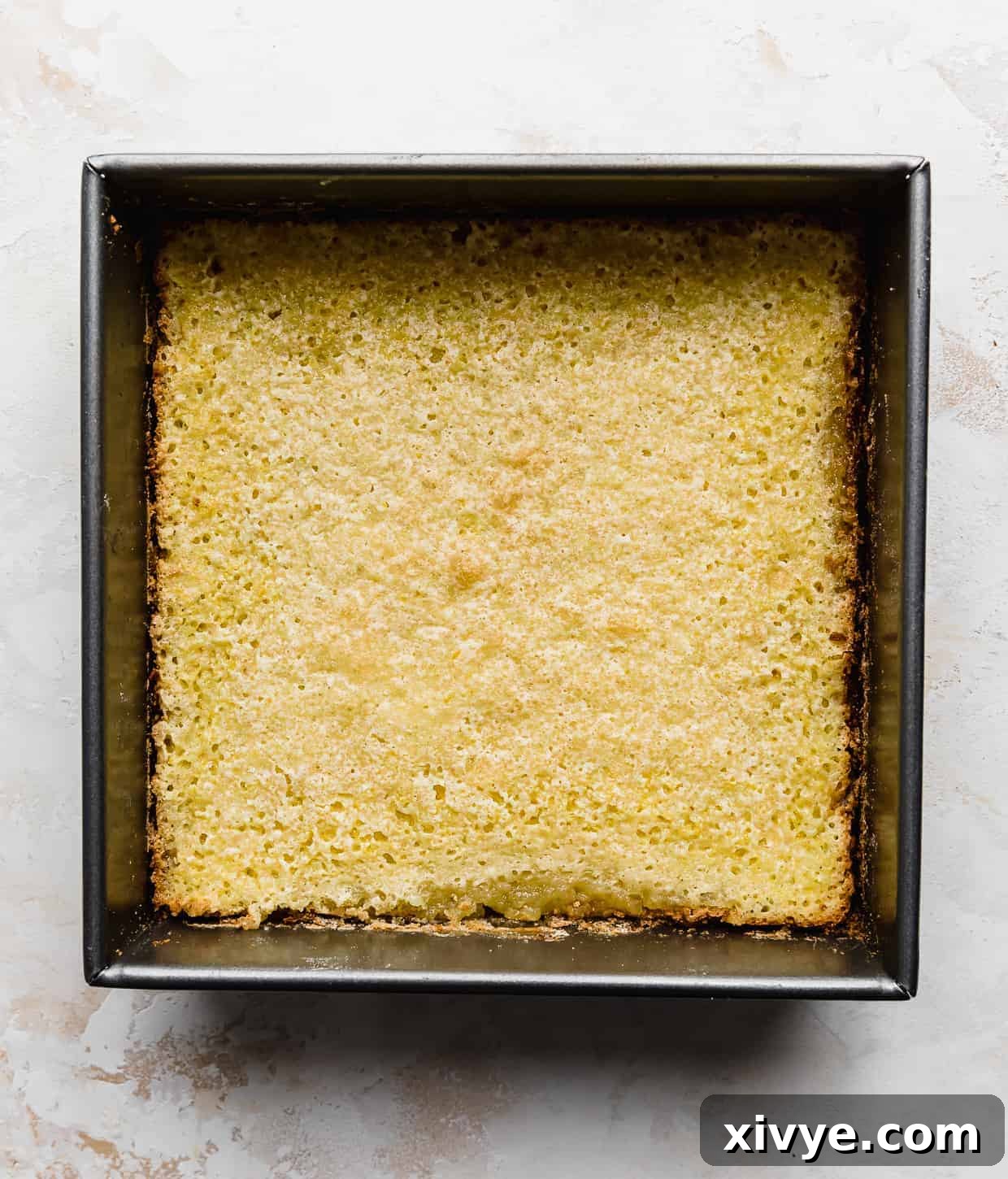 A square pan holding freshly baked yellow lemon bars, against a clean white and cream-colored background, showcasing their golden edges.