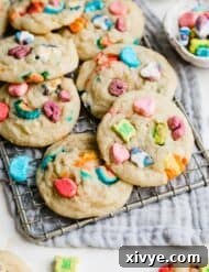 Lucky Charms Cookies on a wire rack on a gray napkin.