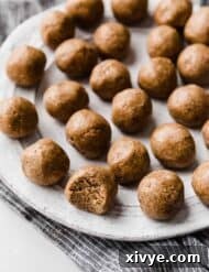 Snickerdoodle Energy Bites rolled into balls, sitting on a white plate with the closest one with a bite taken out of it.