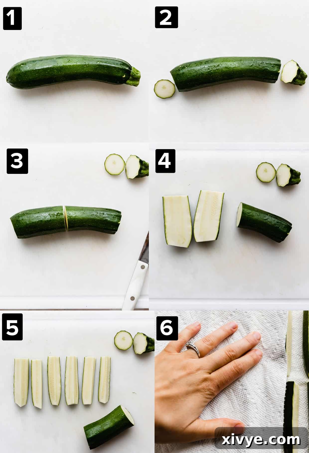 Six photos showing how to cut zucchini fries.