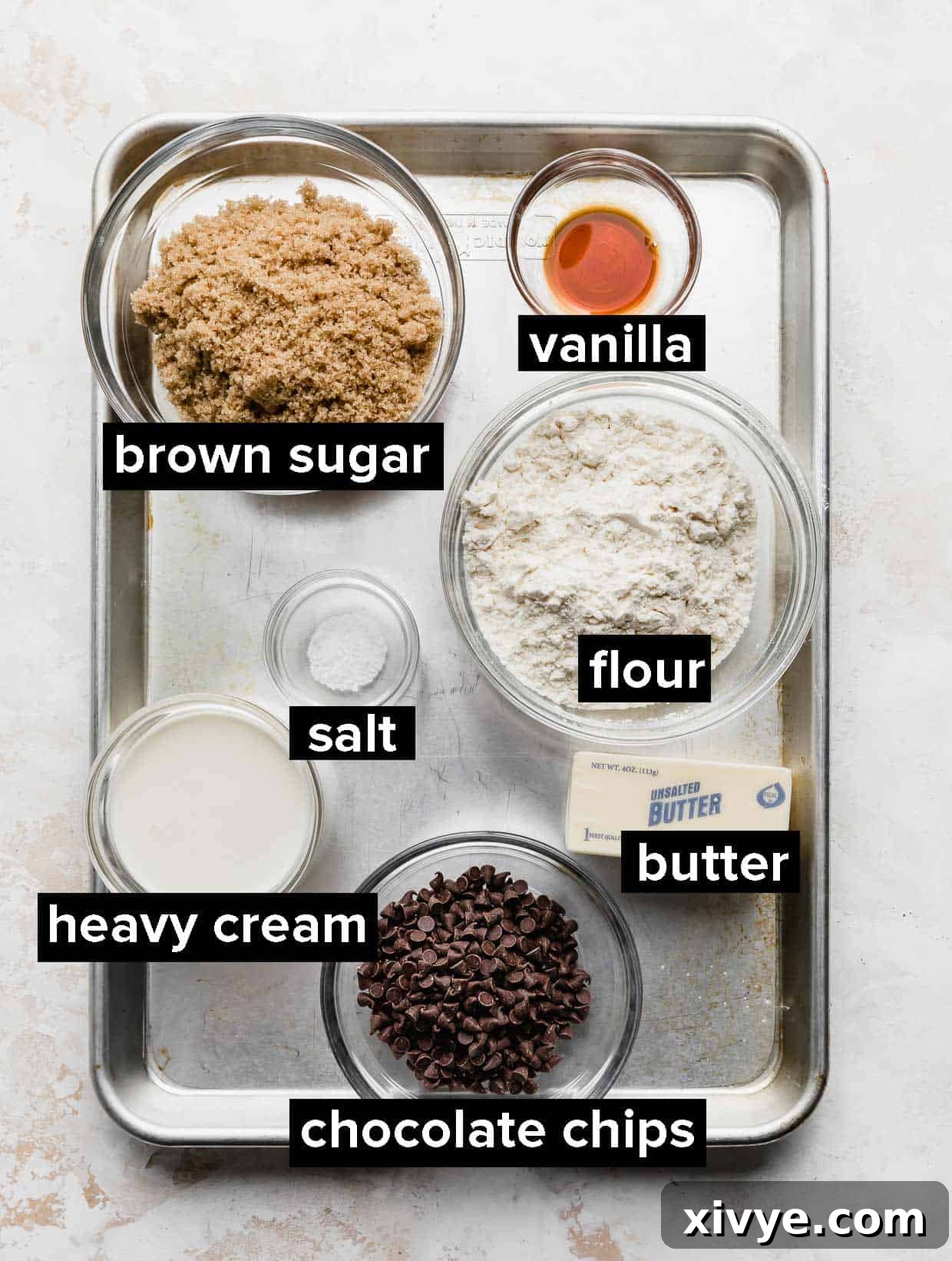 Ben and Jerrys Irresistible Cookie Dough Bites 4 ingredients used to make edible cookie dough bites on a baking sheet.