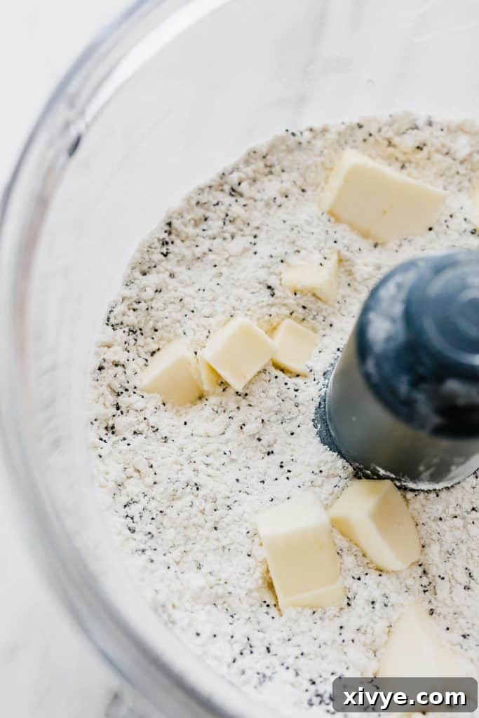 Sunshine Lemon Poppy Scones 3 The dry ingredients for the Lemon Poppy Seed Scones in the bowl of a food processor.
