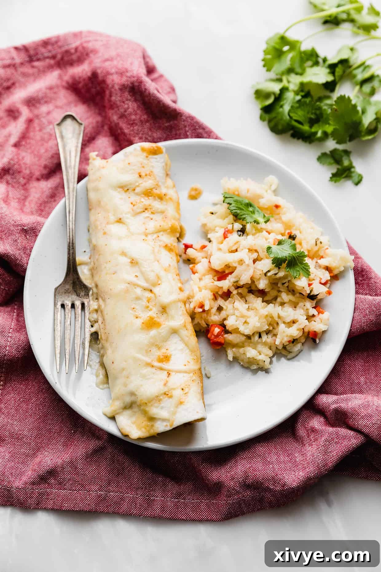 Golden Honey Lime Chicken Enchiladas 8 A Sweet Lime Chile Enchilada on a plate with sweet pepper rice on the side.
