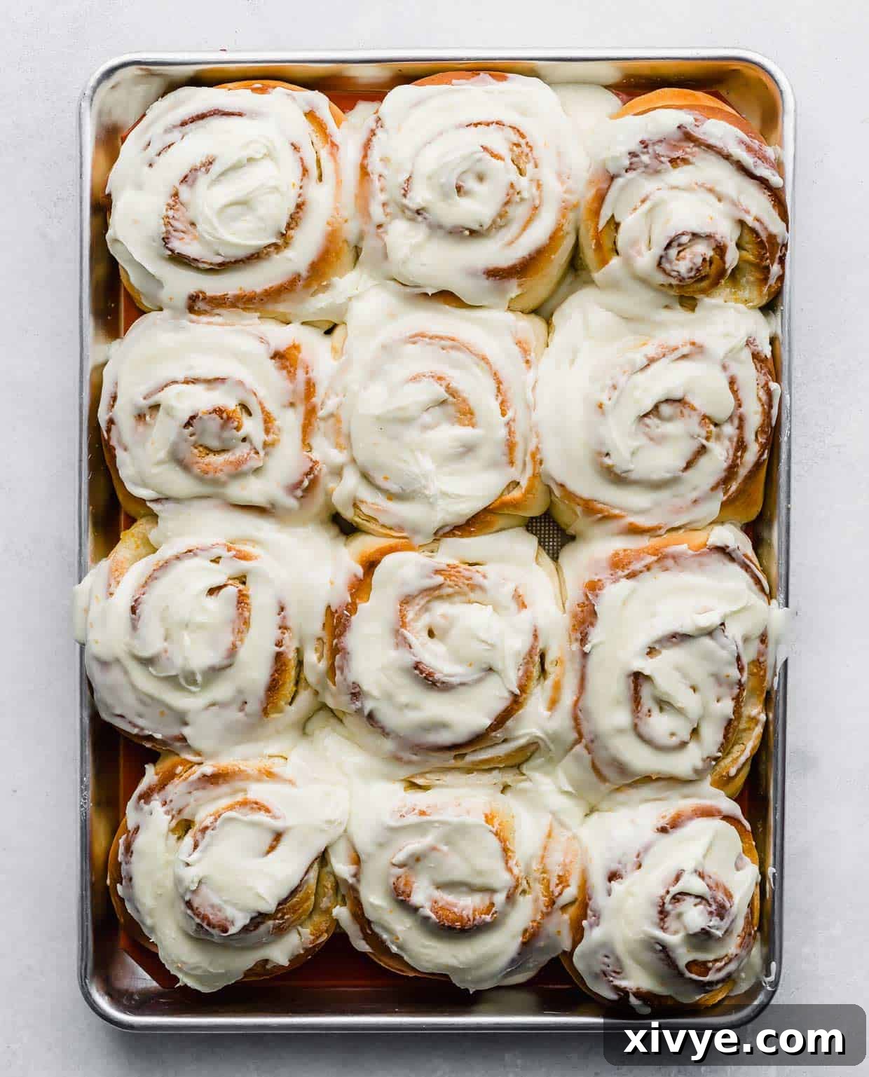 Twelve large orange rolls on a baking sheet with white frosting spread over each Orange Roll.