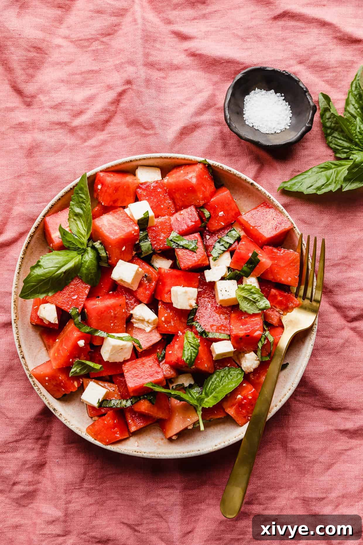 Sweet and Savory Watermelon Feta Basil Salad 2 A Watermelon Feta Basil Salad on large plate.