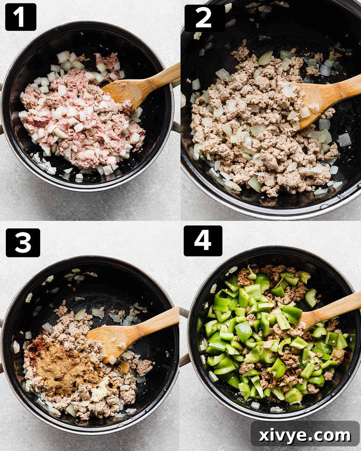 Unstuffed Pepper Casserole 4 A four photo collage illustrating the process of making Deconstructed Stuffed Peppers.