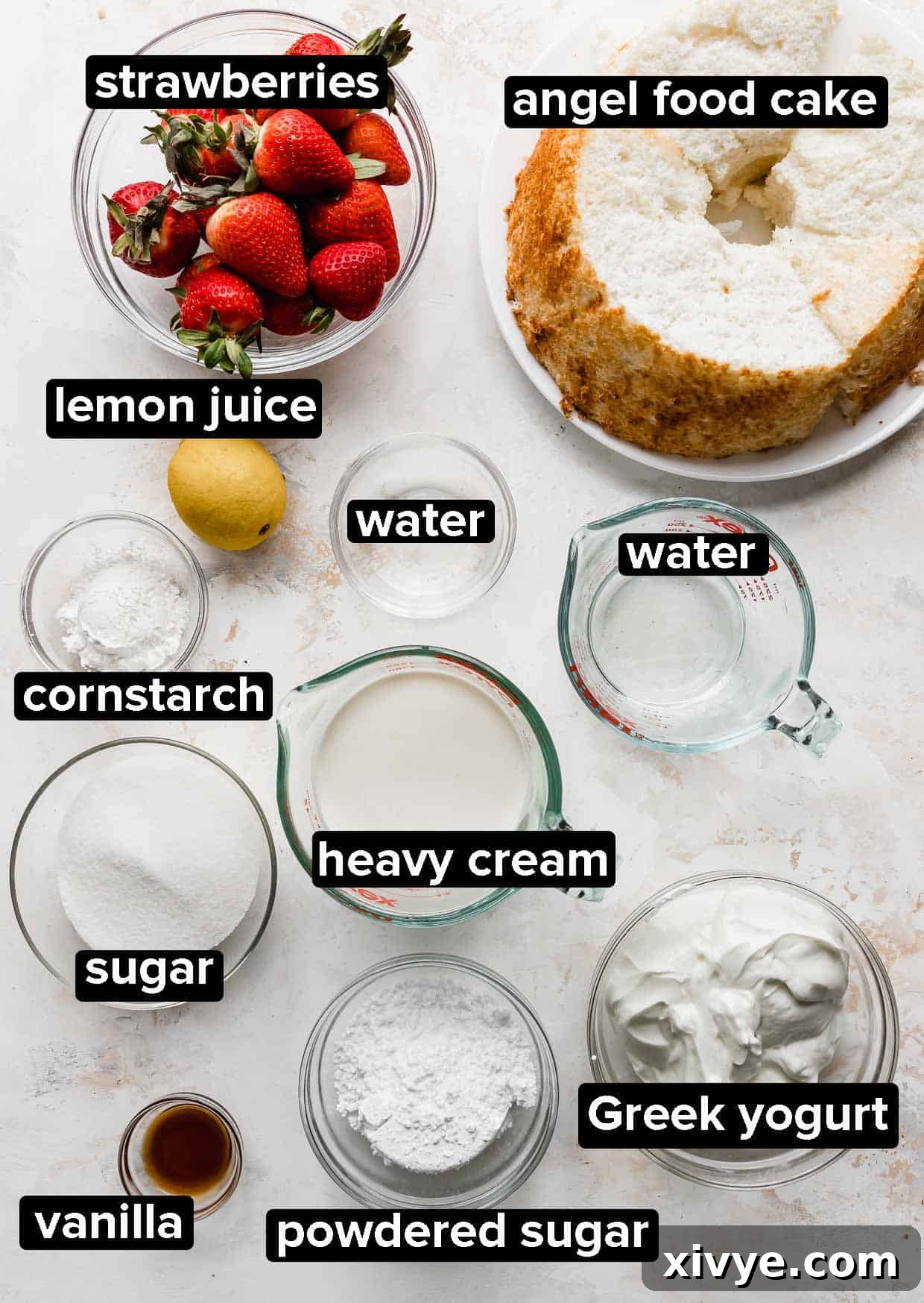 Ingredients used to make a Strawberry Shortcake Trifle.