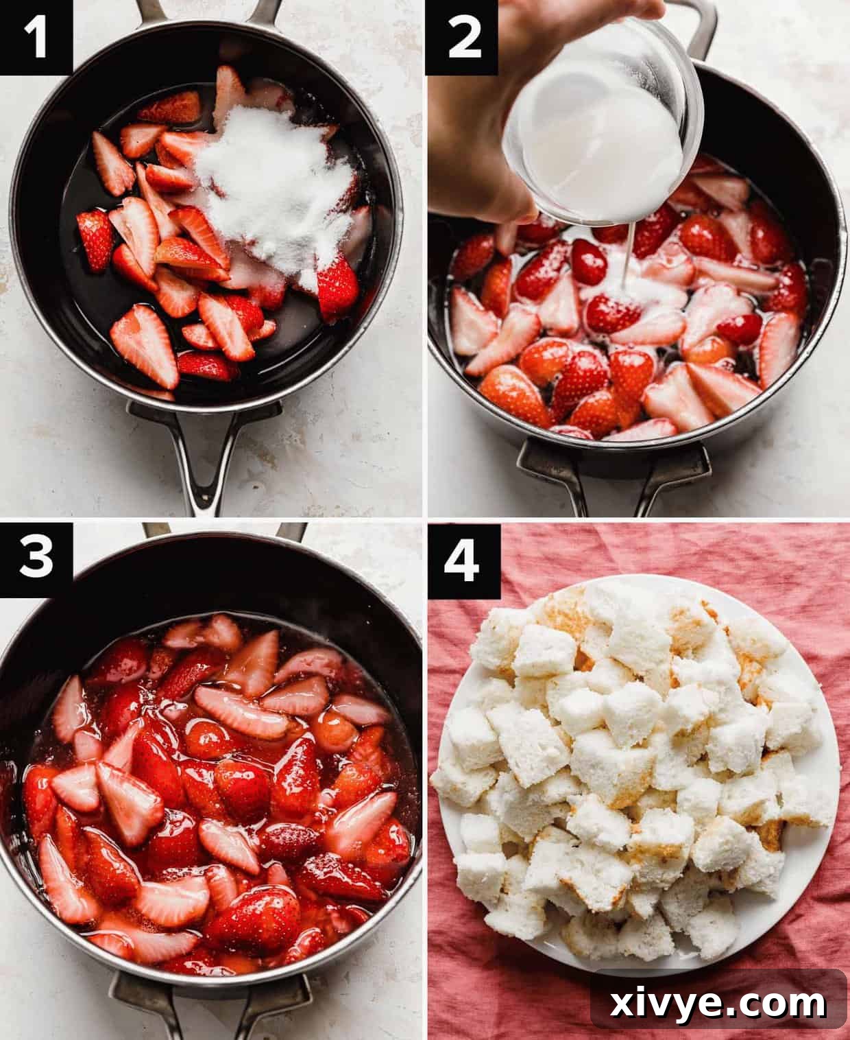 Four images showing how to make the strawberry sauce for fresh strawberry shortcake trifle: strawberries in black pot with sugar (top left), cornstarch slurry poured overtop (top right), strawberry sauce in pot (bottom left), cubed angel food cake on plate (bottom right).