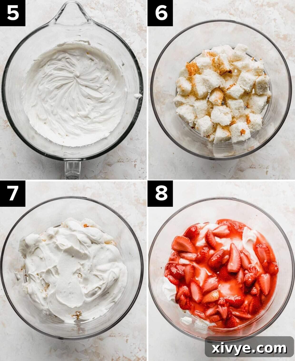 Four photos illustrating the making of a Strawberry Shortcake Trifle recipe: greek yogurt whipped cream in glass bowl (top left), cubed angel food cake in a trifle bowl (top right), cream layered over angel food cake cubes (bottom left), strawberry sauce in a trifle dish (bottom right).