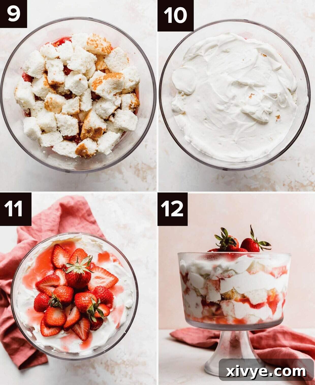 Four photos showing the end process of how to make the best strawberry shortcake trifle in a glass trifle dish.