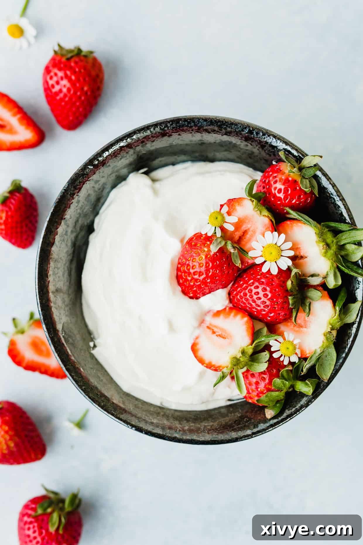 Tangy Greek Yogurt Whip 9 This Greek Yogurt Whipped Cream is beyond refreshing! Add strawberries, peaches, or the fruit of your choice and you have an easy and delicious dessert!