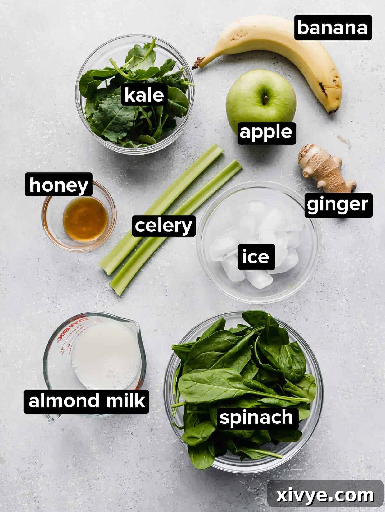 Ingredients used to make a celery smoothie: celery, apple, kale, spinach, banana, milk.