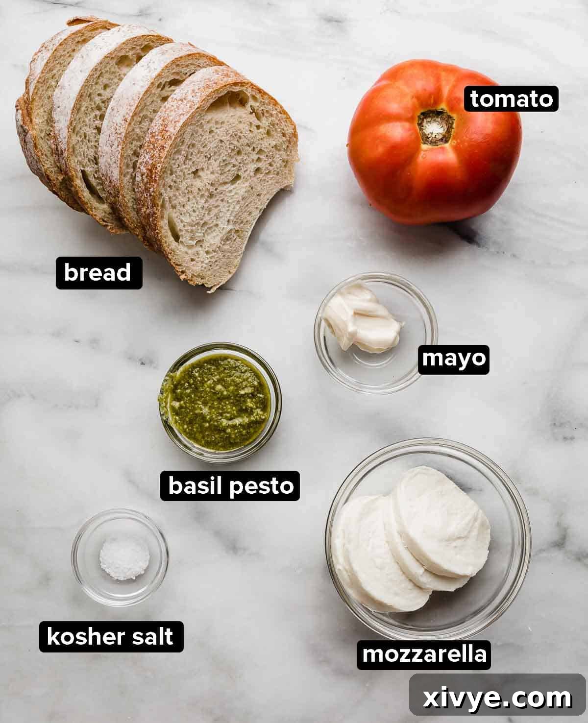 Artisan Pesto Mozzarella Sandwich 3 Pesto panini ingredients laid out on a marble background, including French bread, basil pesto, sliced tomato, mayonnaise, fresh mozzarella, and a pinch of salt.