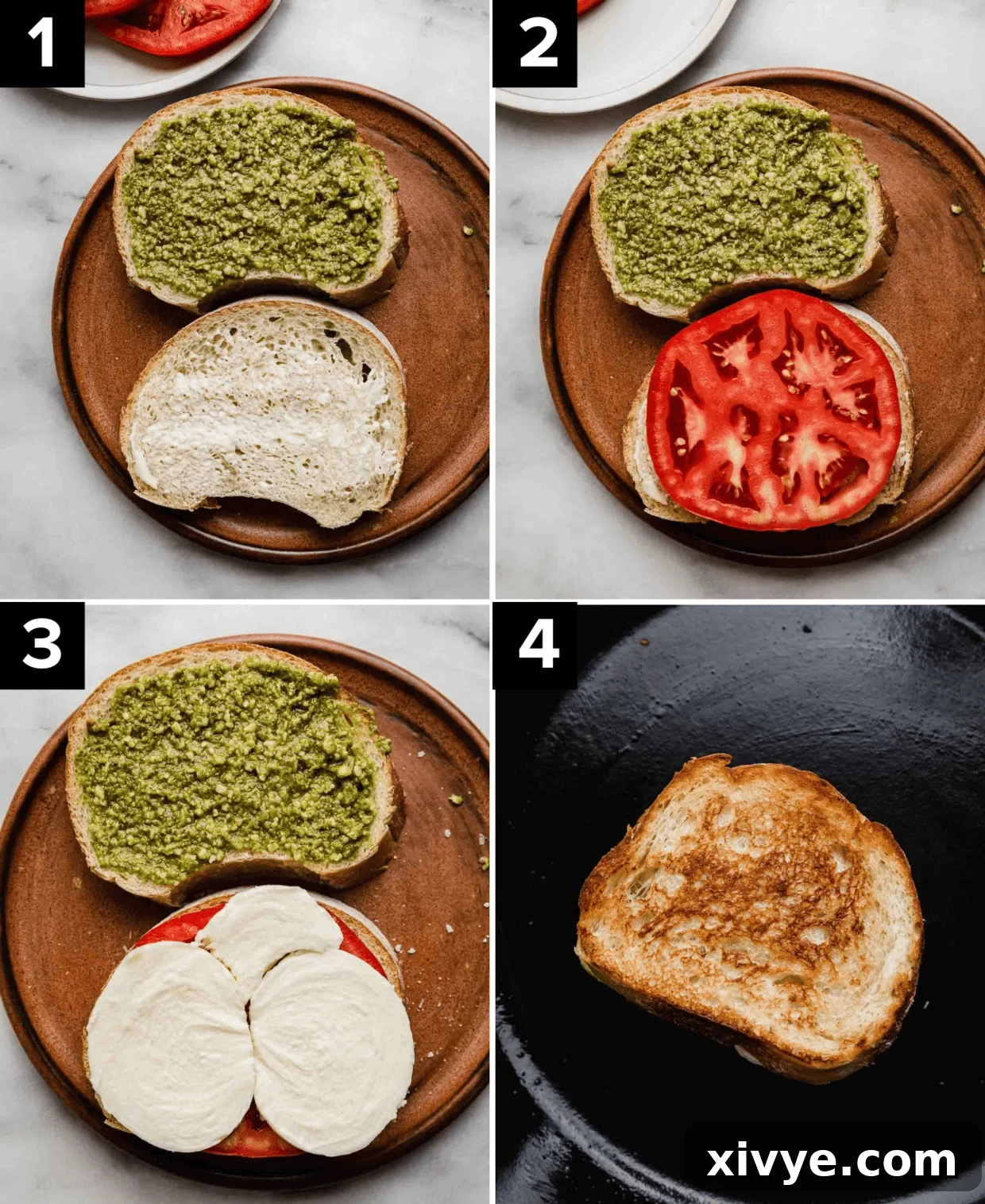 Artisan Pesto Mozzarella Sandwich 4 A four-panel image demonstrating the process of making a Tomato Pesto Mozzarella Sandwich on a skillet or panini press, showing ingredient layering and grilling.