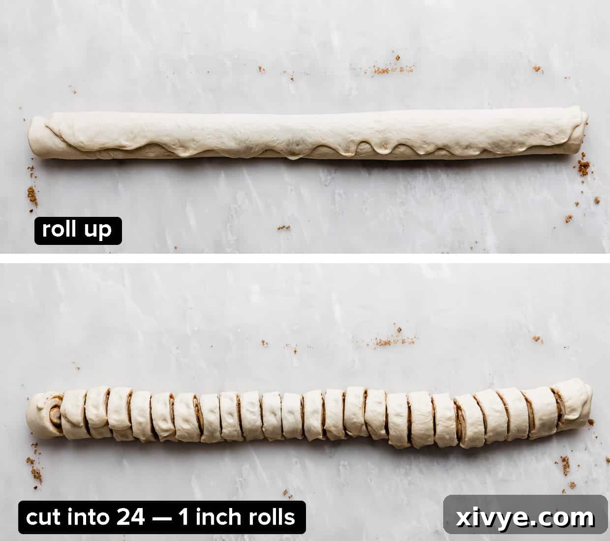 Irresistible Mini Cinnies 13 Two images: top shows the rolled dough log; bottom shows the log expertly cut into 24 individual 1-inch mini cinnamon rolls.