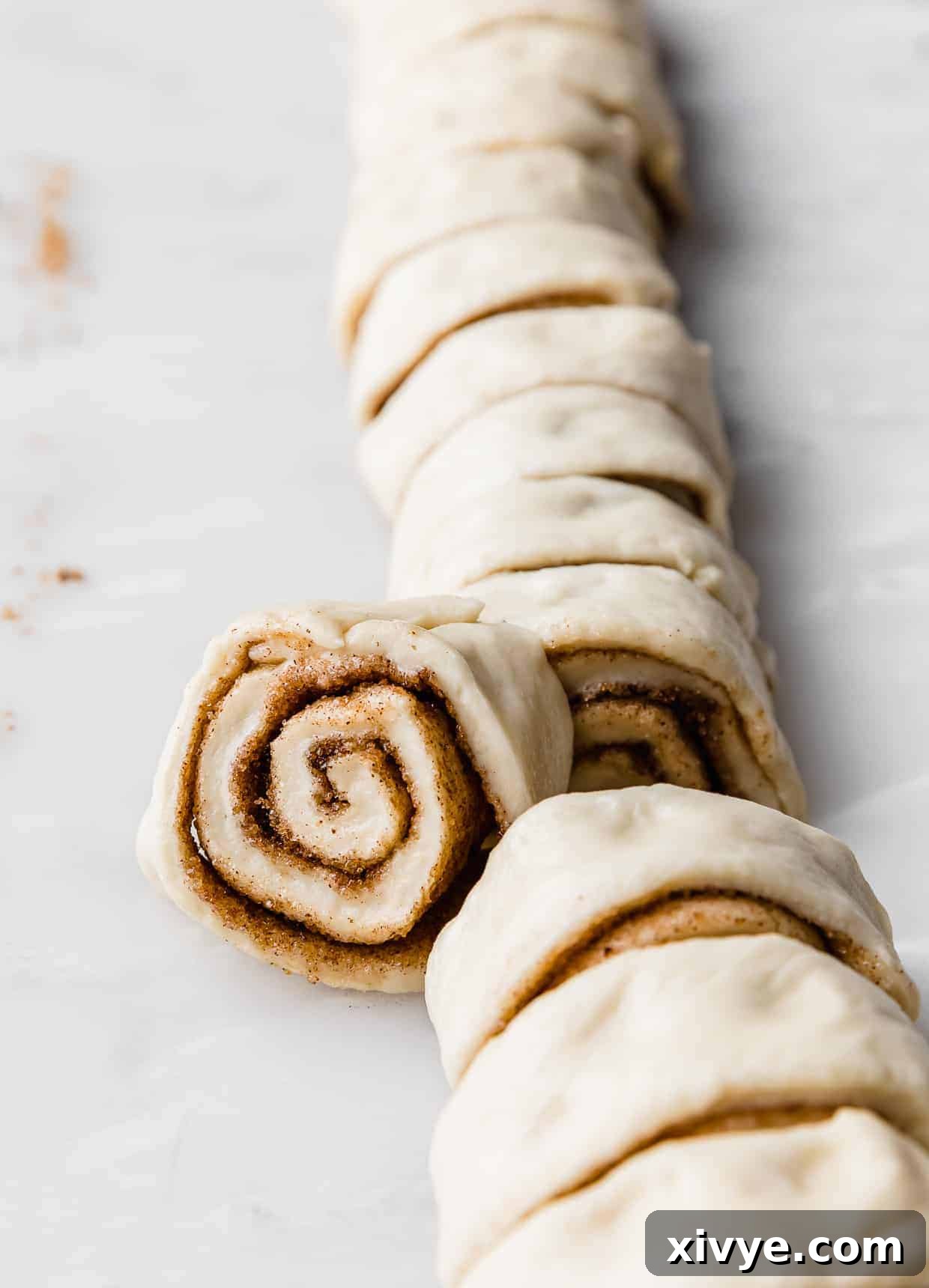 Irresistible Mini Cinnies 14 A single raw mini cinnamon roll, showcasing its perfect spiral, set against a clean white background.