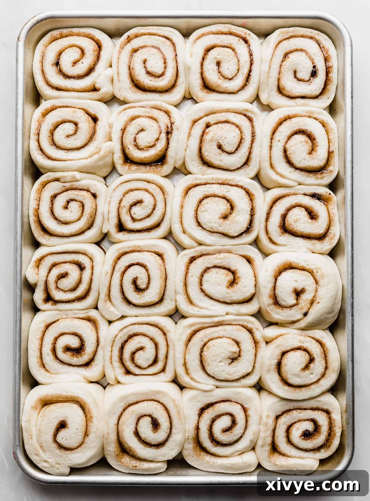 Irresistible Mini Cinnies 16 Mini cinnamon rolls on a baking sheet, beautifully proofed and puffed up, indicating they are ready for the oven.