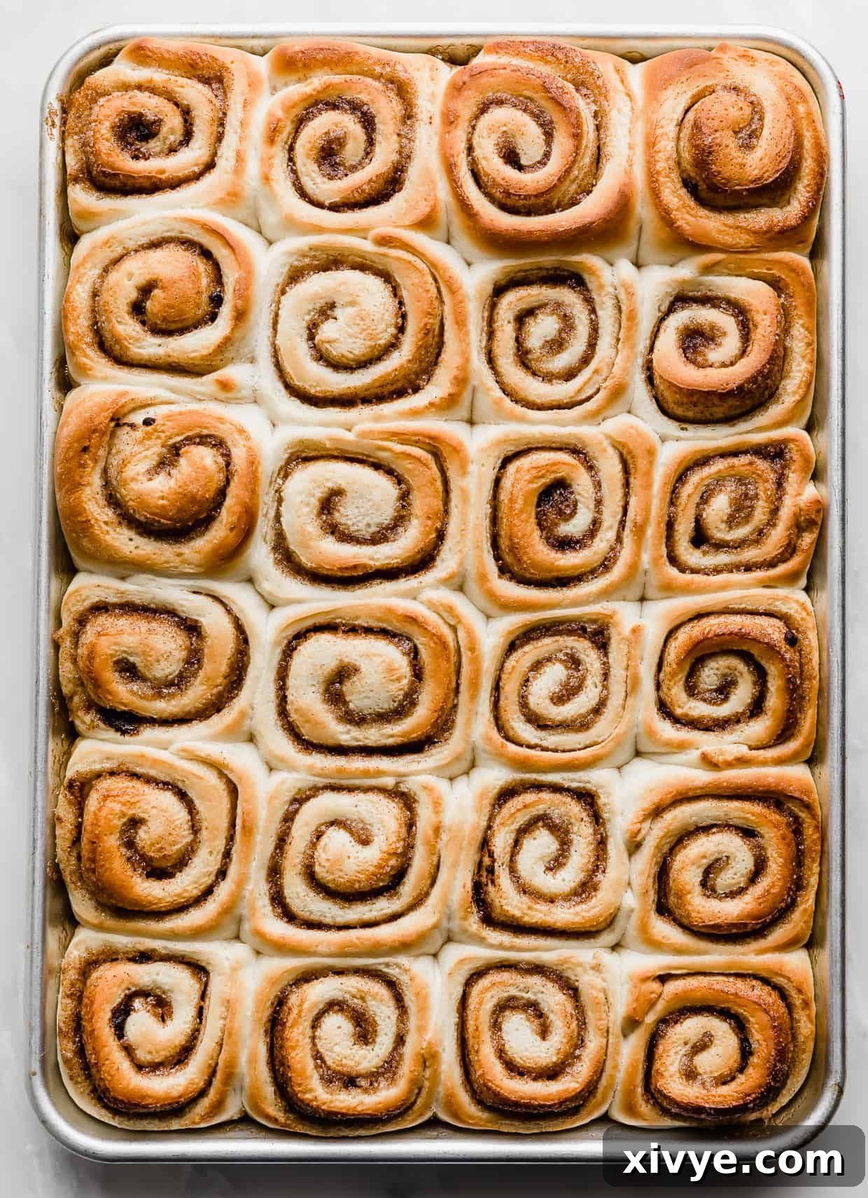 Irresistible Mini Cinnies 17 Freshly baked mini cinnamon rolls, golden brown and perfectly risen on a baking sheet.