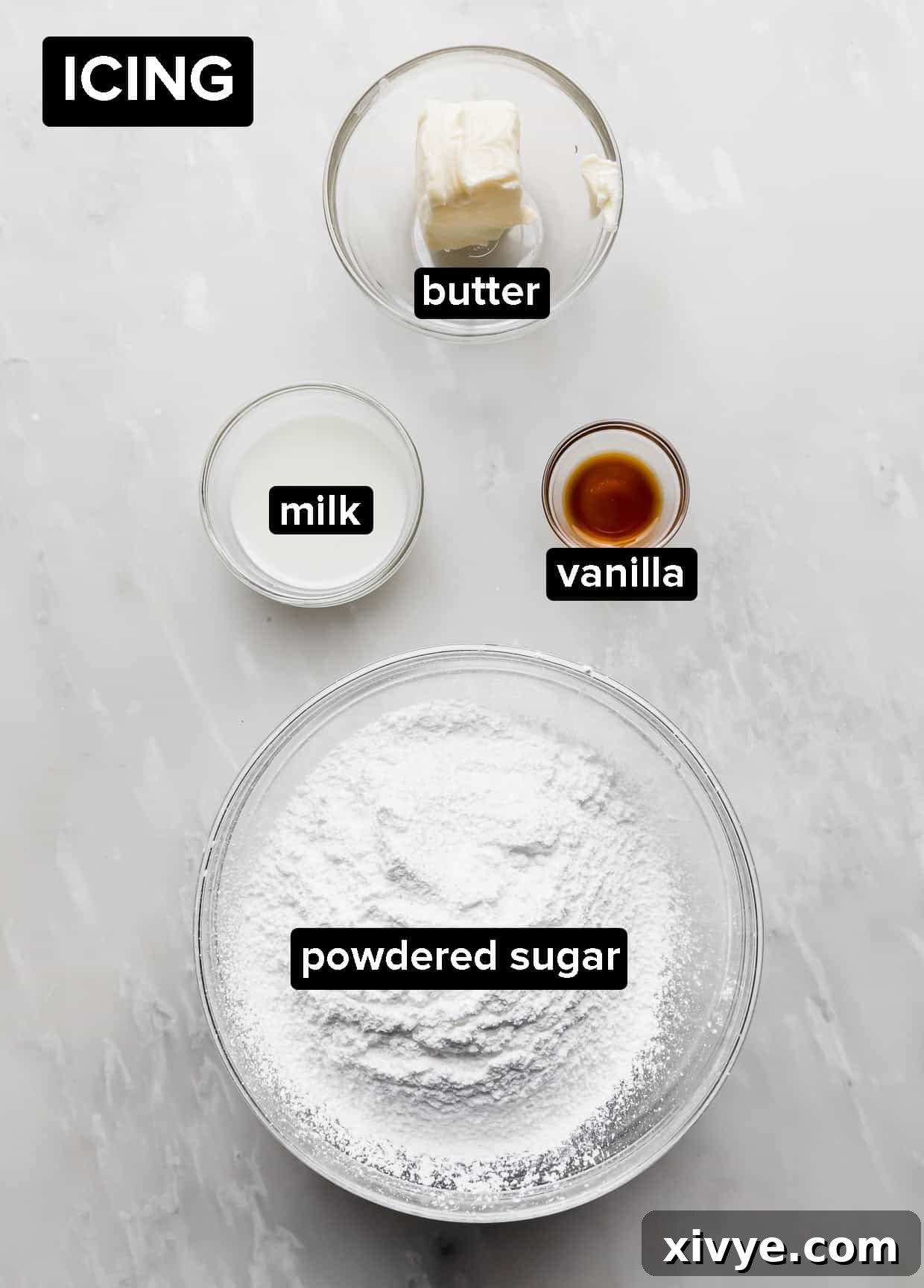 Irresistible Mini Cinnies 5 Ingredients for simple vanilla cinnamon roll icing: powdered sugar, softened butter, milk, and vanilla extract.