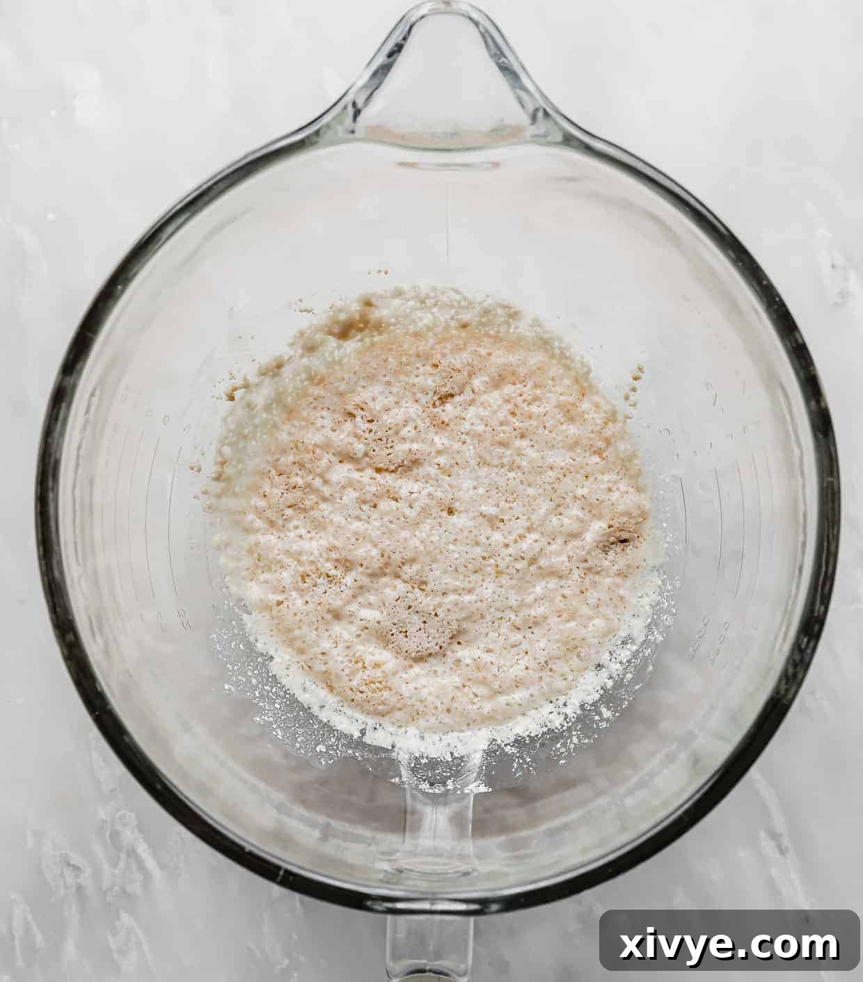 Irresistible Mini Cinnies 7 The same glass bowl with the yeast mixture, now bubbly and foamy, indicating active yeast.