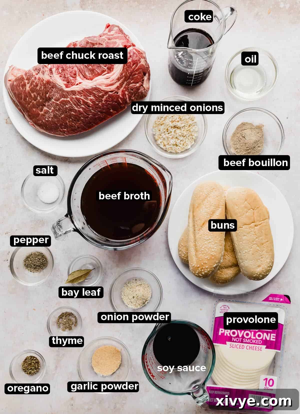 Ultimate Slow Cooker French Dip 3 Ingredients used to make the easiest crock pot French dip sandwiches, including beef chuck roast, hoagie buns, provolone cheese, soy sauce, coke, beef broth, and various spices.