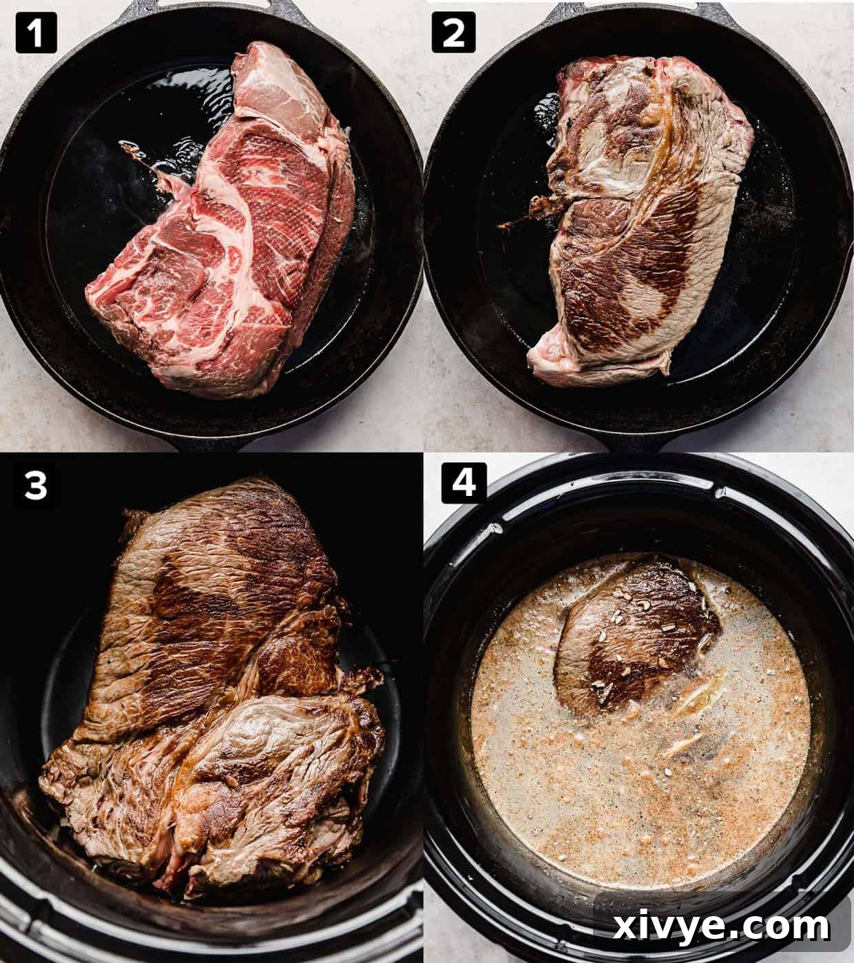 Ultimate Slow Cooker French Dip 4 A four photo collage of how to make Slow Cooker French Dip Sandwiches starting with searing meat and placing it in the slow cooker, followed by adding liquids and spices.