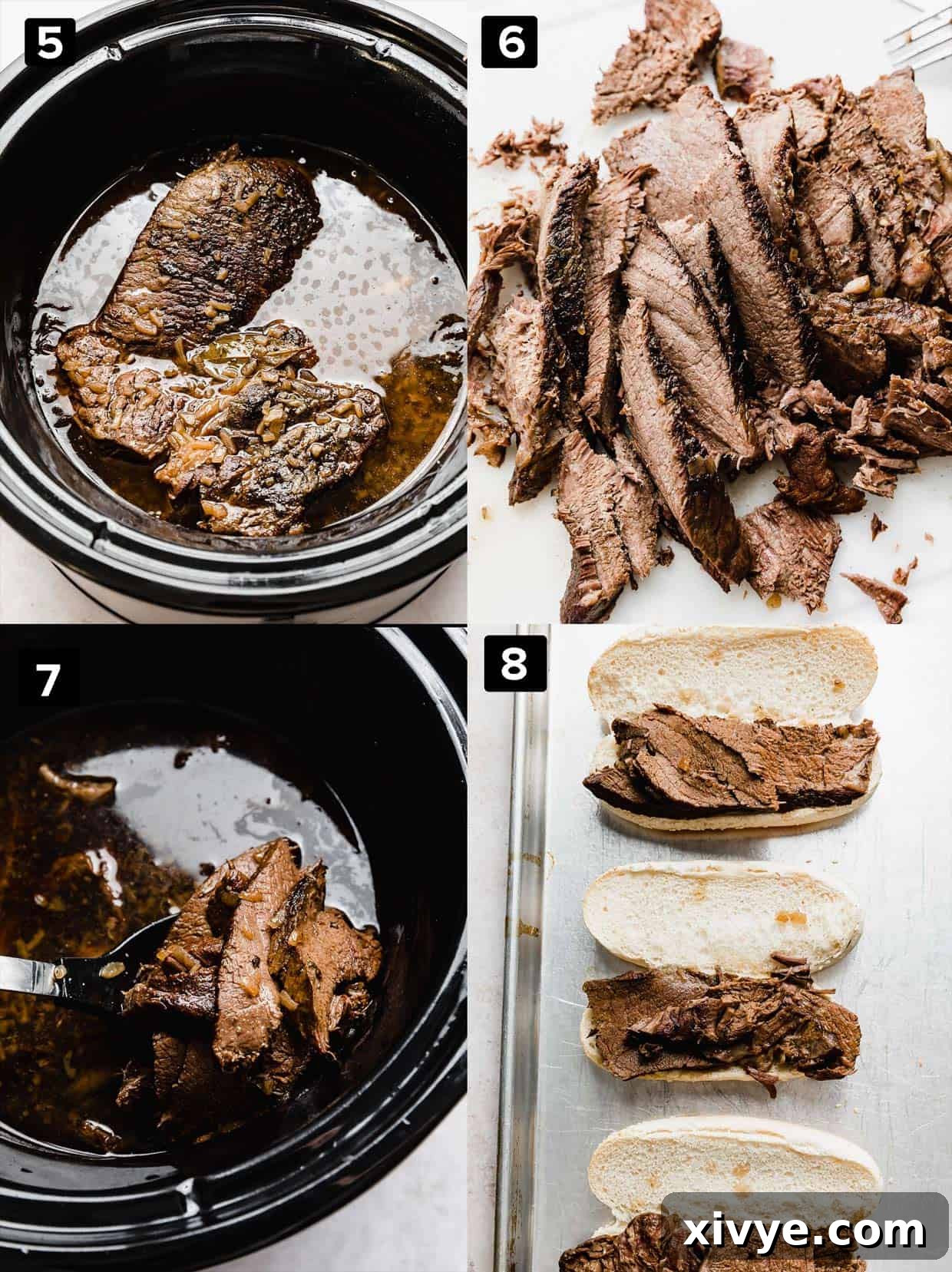 Ultimate Slow Cooker French Dip 5 A four image photo collage of how to make Slow Cooker French Dip Sandwiches in a crock pot, showing the beef being sliced, returned to the pot, and the au jus being strained.