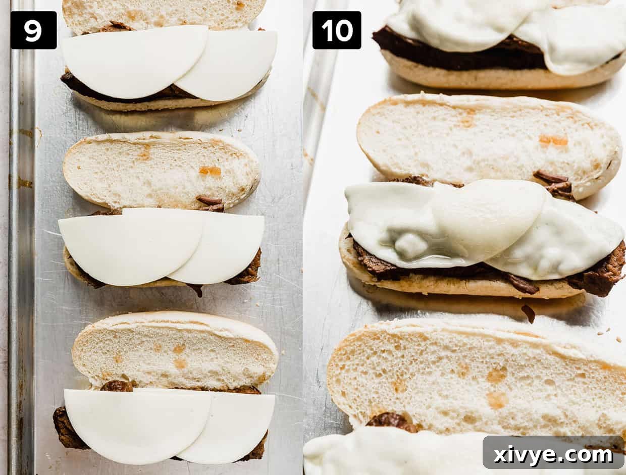 Ultimate Slow Cooker French Dip 6 Two images of buns on a baking sheet topped with crock pot French dip meat and provolone cheese, ready to be melted.