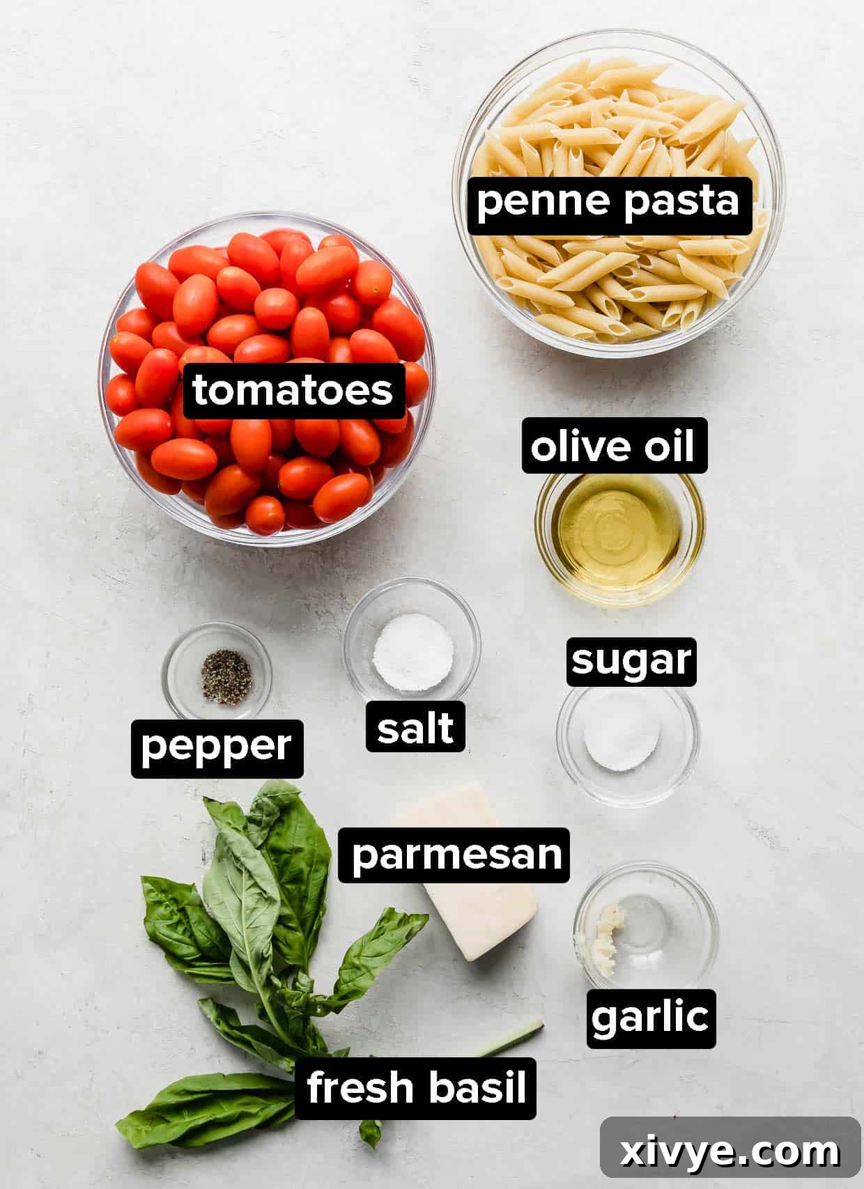 Ingredients used to make penne al Pomodoro on a white background.