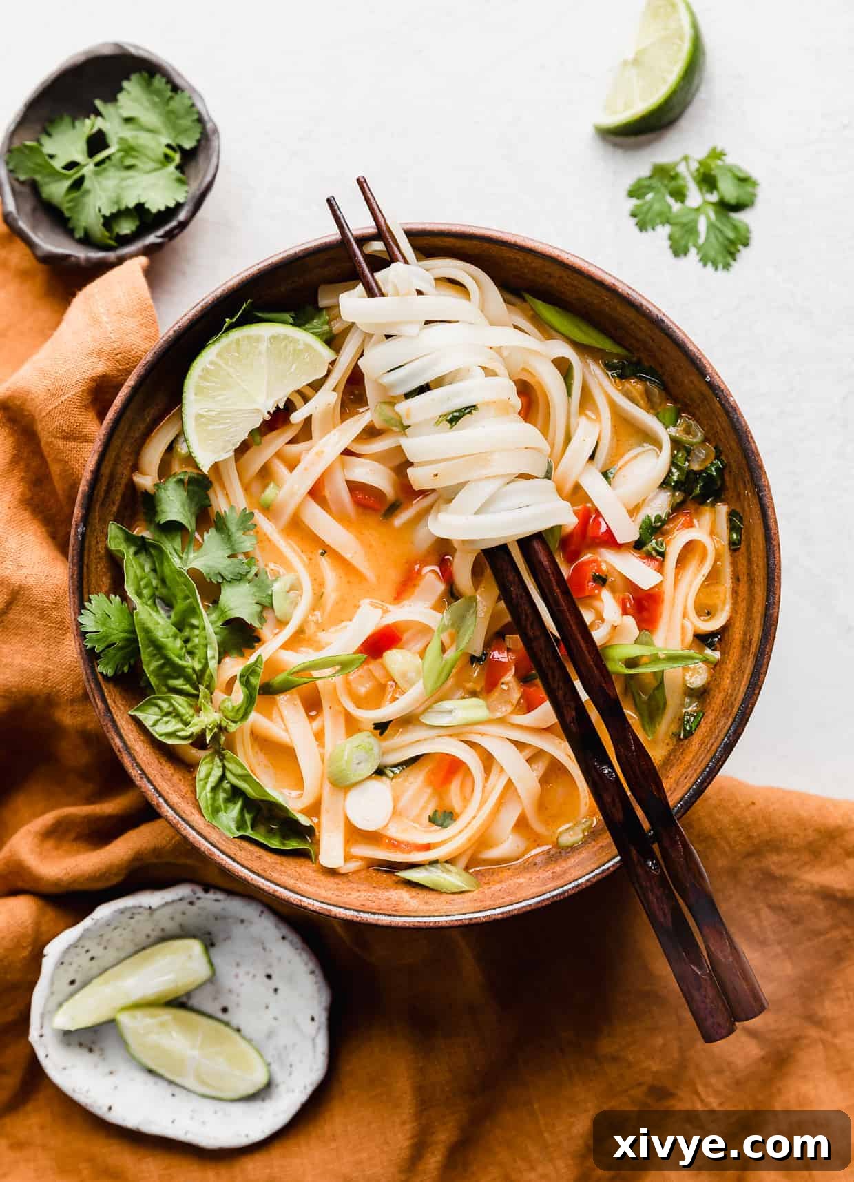 A beautifully presented brown bowl of Thai Red Curry Noodle Soup, with chopsticks neatly intertwined in a bundle of rice noodles, inviting you to dig in.