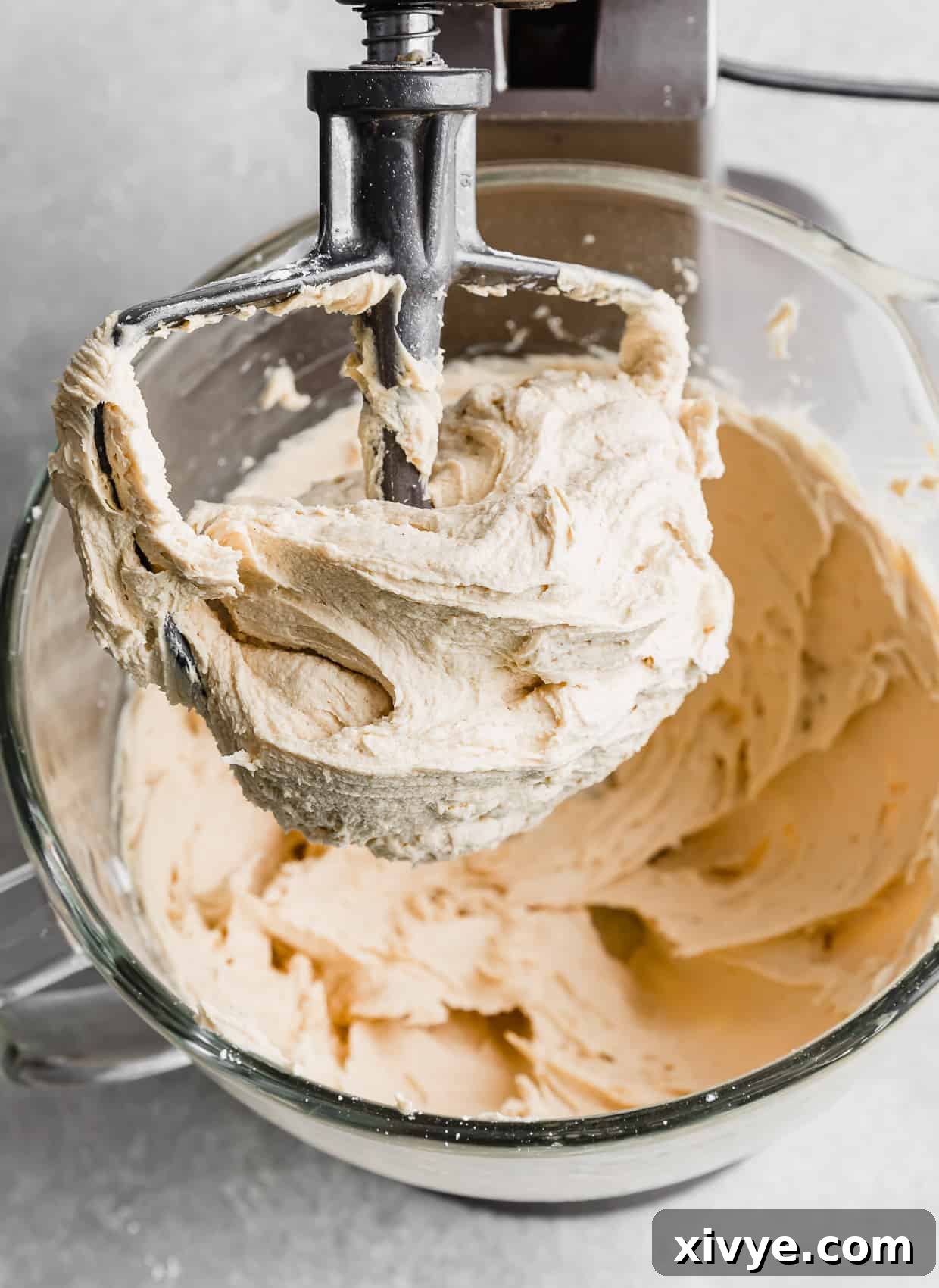 Peanut Butter Frosting on the paddle attachment of a kitchenmaid stand mixer. 