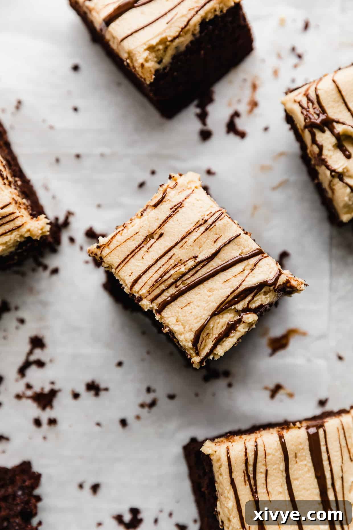 Overhead photo of a square of chocolate cake covered with peanut butter frosting and melted chocolate squiggles. 