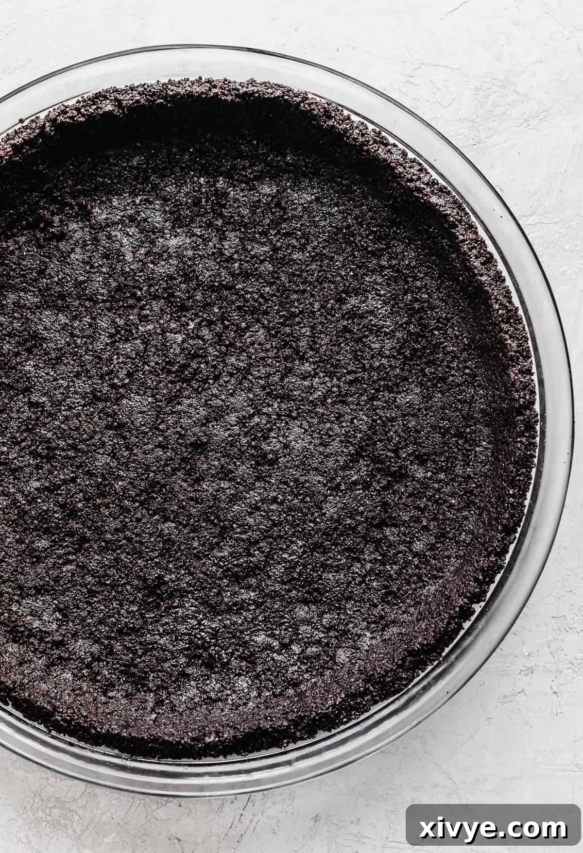 Irresistible Oreo Pie Crust 9 An Oreo Pie Crust on a gray textured background.