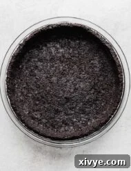 Irresistible Oreo Pie Crust 10 An Oreo Pie Crust in a glass pie dish on a gray background.