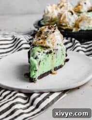 Concrete Crumble 9 A beautifully sliced Asphalt Pie, showcasing its creamy layers and delicious toppings, served on a white plate.