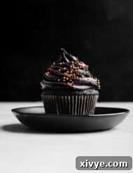 A single Black Velvet Cupcake topped with a black frosting and orange and black sprinkles against a black background.