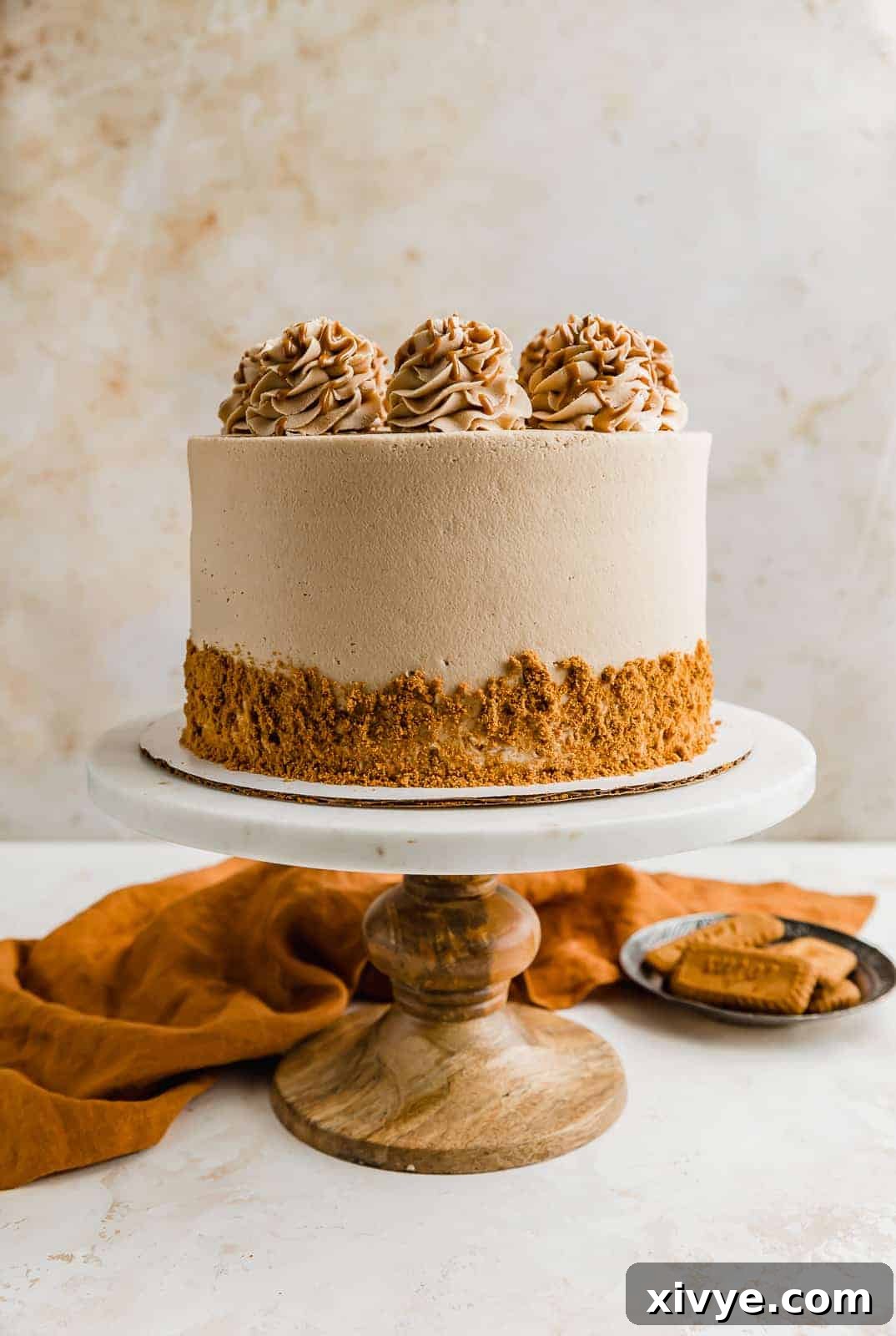 A beautifully decorated Biscoff Caramel Cake on a cake stand, garnished with cookie crumbs, inviting a delightful indulgence.