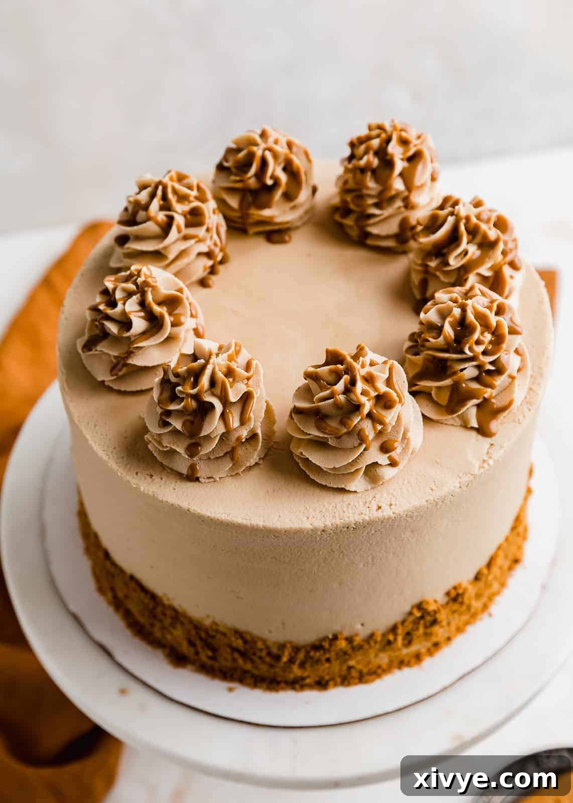 An overhead shot of a Biscoff Caramel Cheesecake Cake adorned with intricate buttercream swirls and a delicate drizzle of melted Biscoff spread.