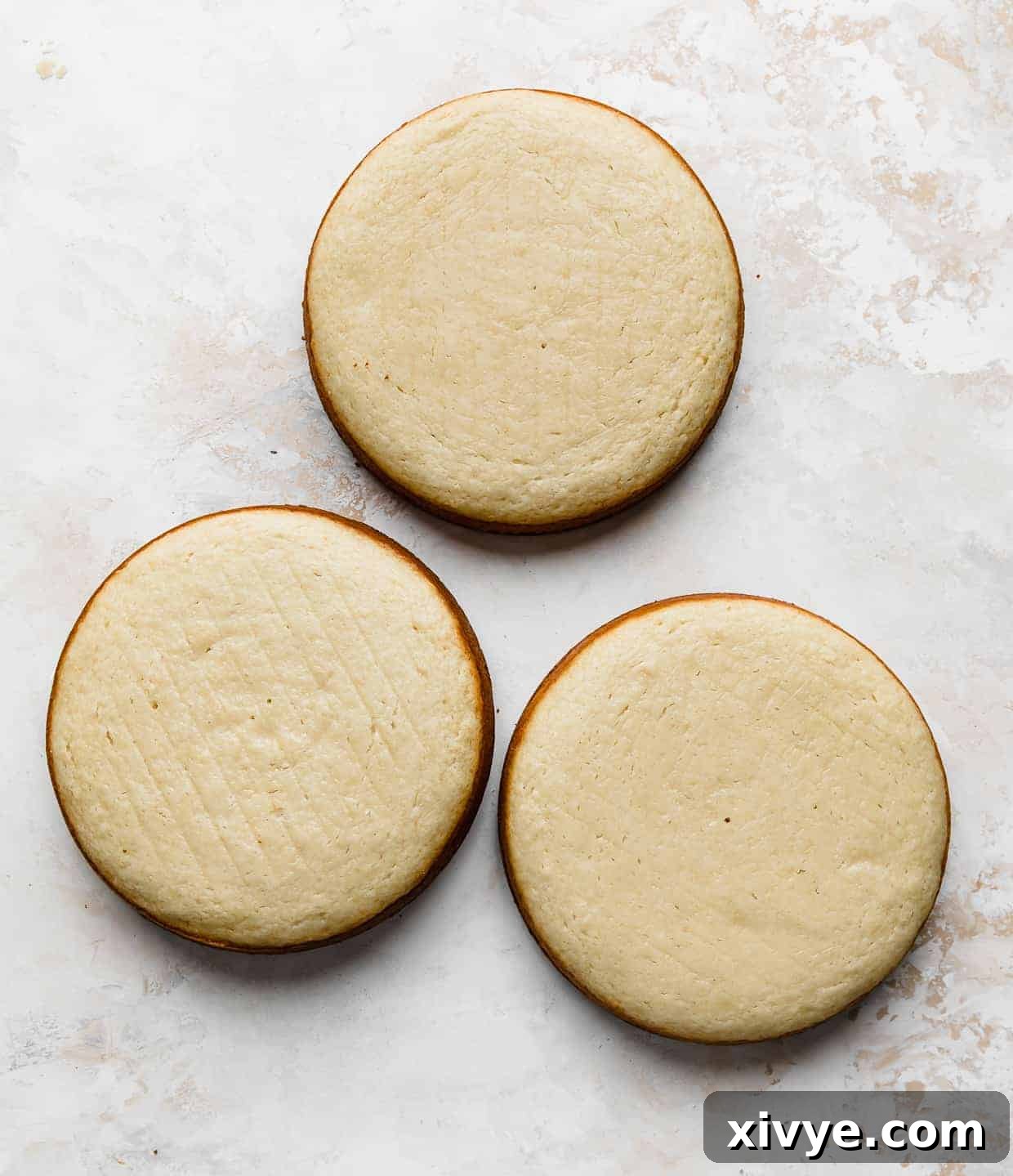 Three perfectly baked round tan-colored cake layers, ready for frosting, resting on a textured cream background.