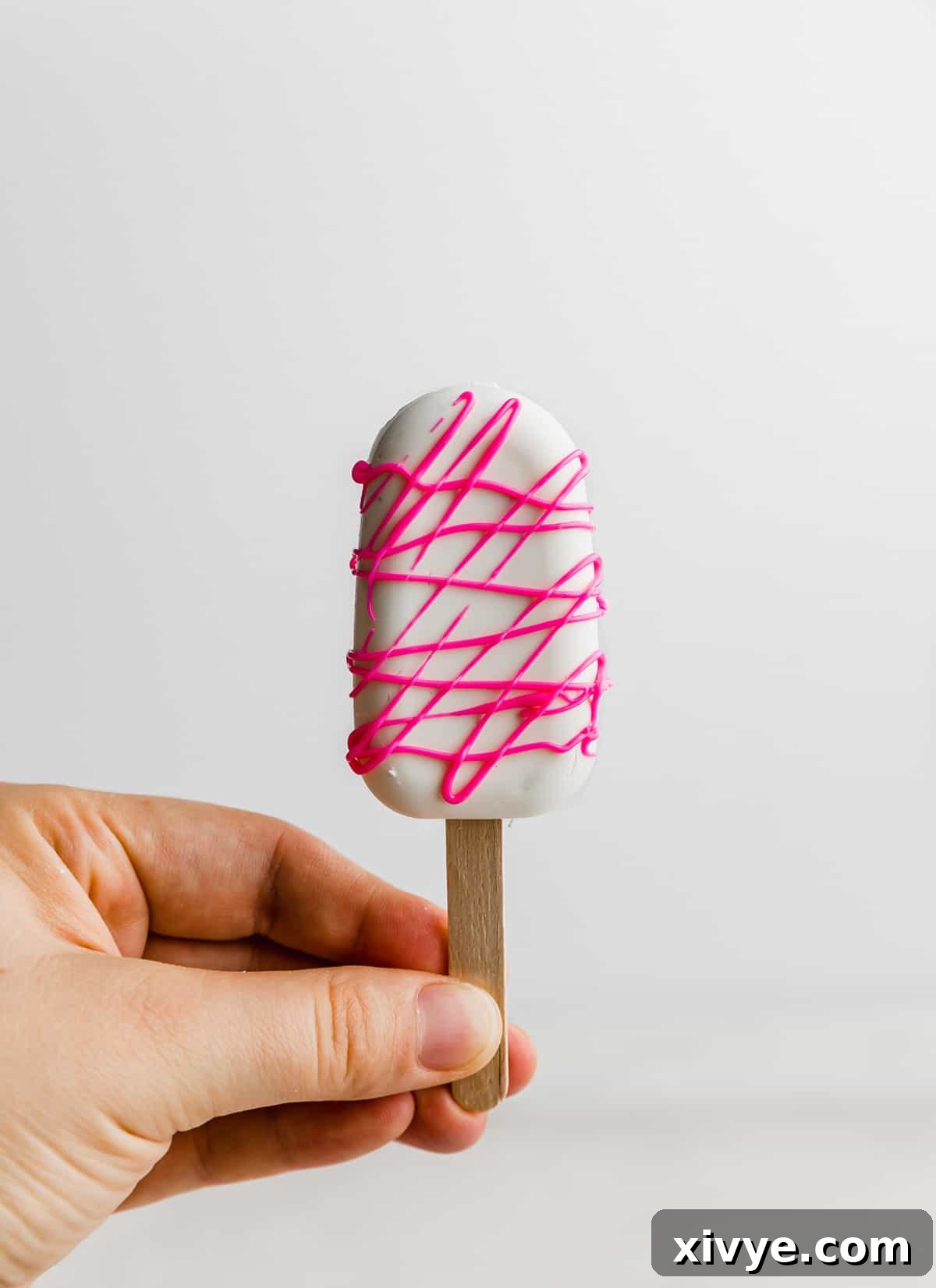 Delightful Cake Lollies 10 A hand gently holds up a white chocolate-covered Cakesicle, beautifully drizzled with vibrant hot pink chocolate.