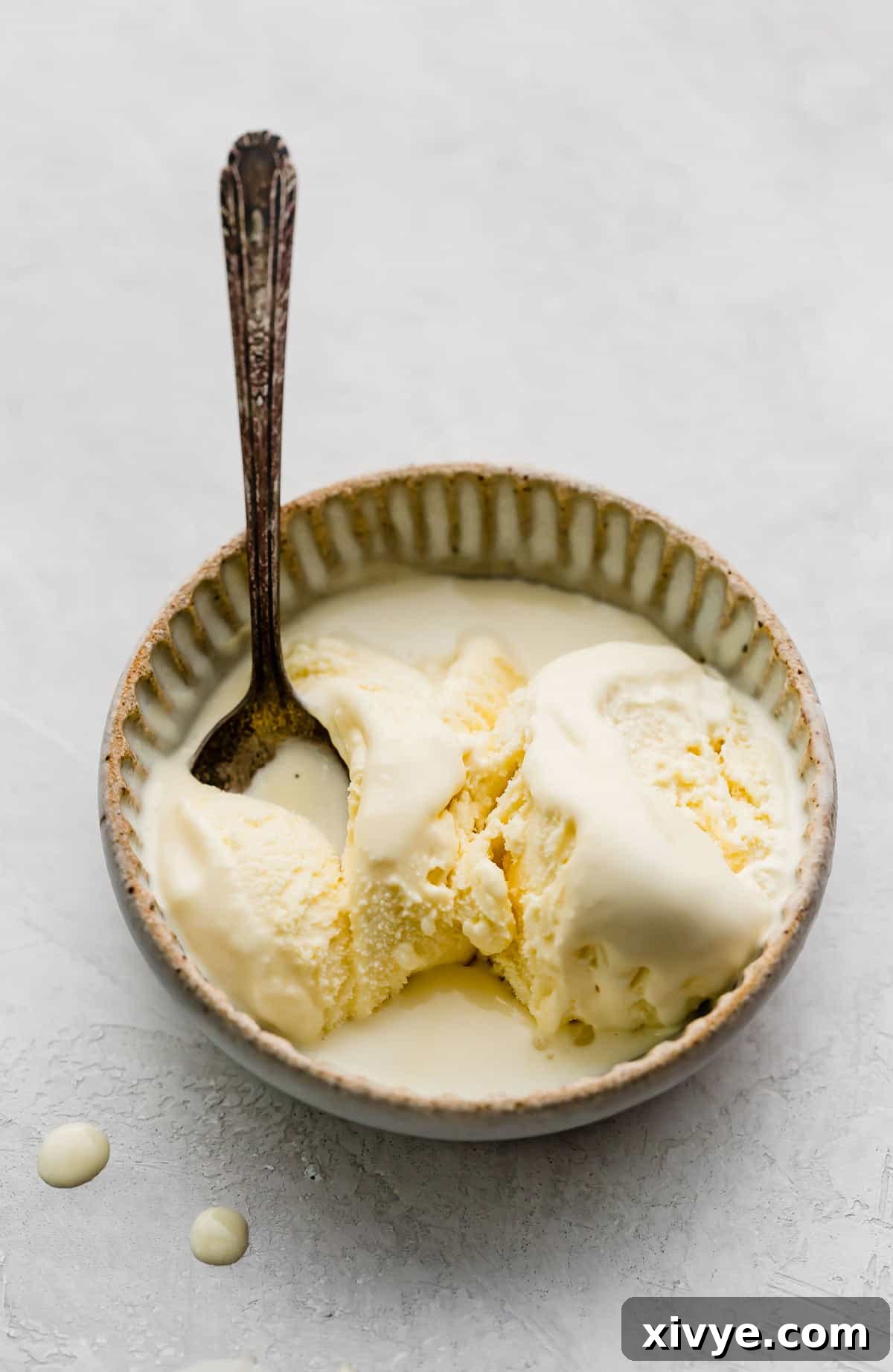 Homemade Vanilla Ice Cream in a bowl on a grey background. 