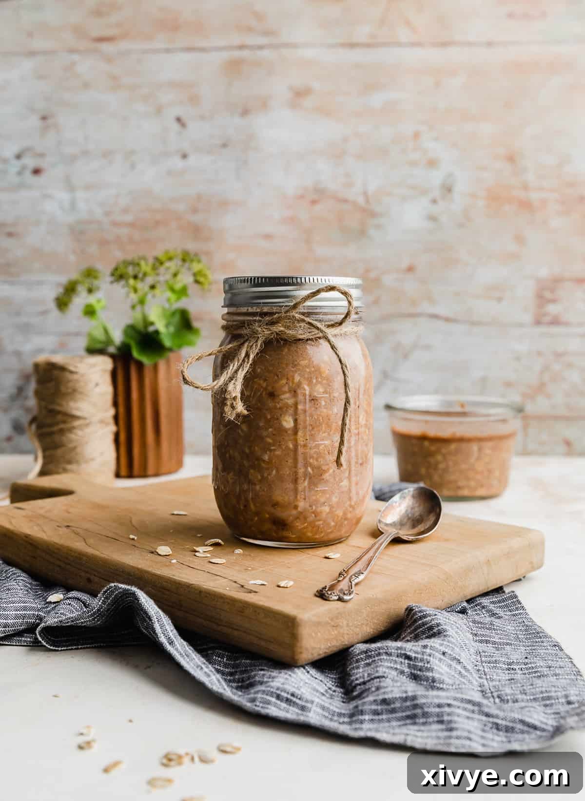 Powerhouse Protein Oats 2 A glass jar full of light brown High Protein Overnight Oats.