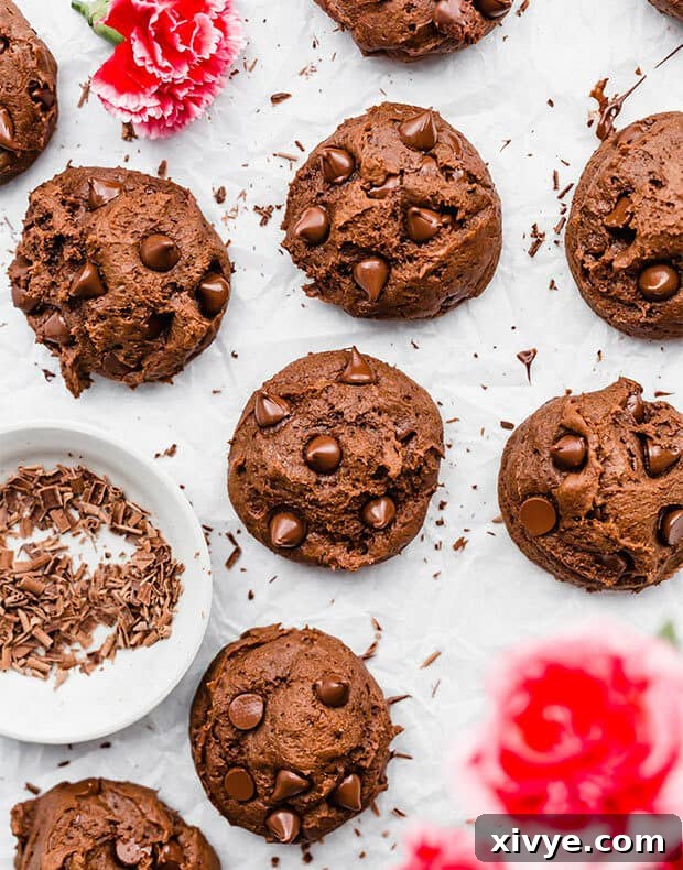 An overhead photo of several double chocolate chip cookies, freshly baked and ready to enjoy.