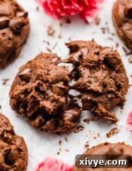 A double chocolate chip cookie torn apart with the chocolate chips spreading.