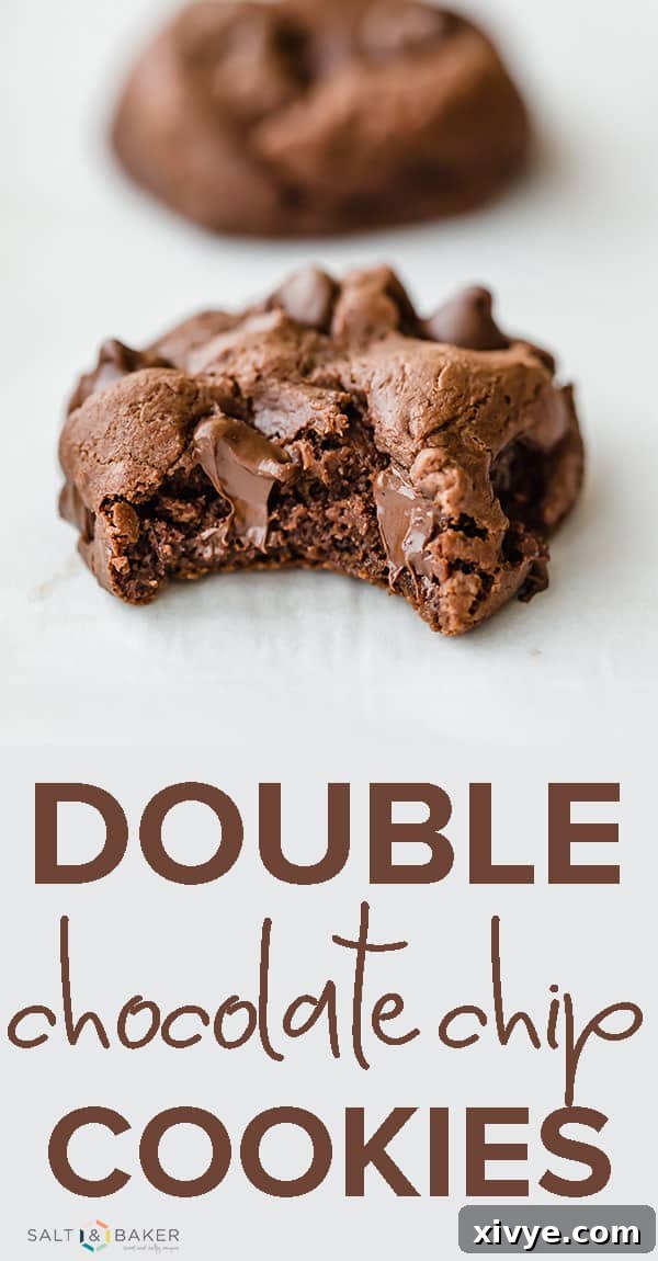 The Best Double Chocolate Chip Cookies! Thick, chewy, and full of melty chocolate chips, these cookies are a chocolate lovers dream! Get the full recipe at saltandbaker.com #saltandbaker #chocolatechipcookie #doublechocolate #chocolatelovers #cookierecipes